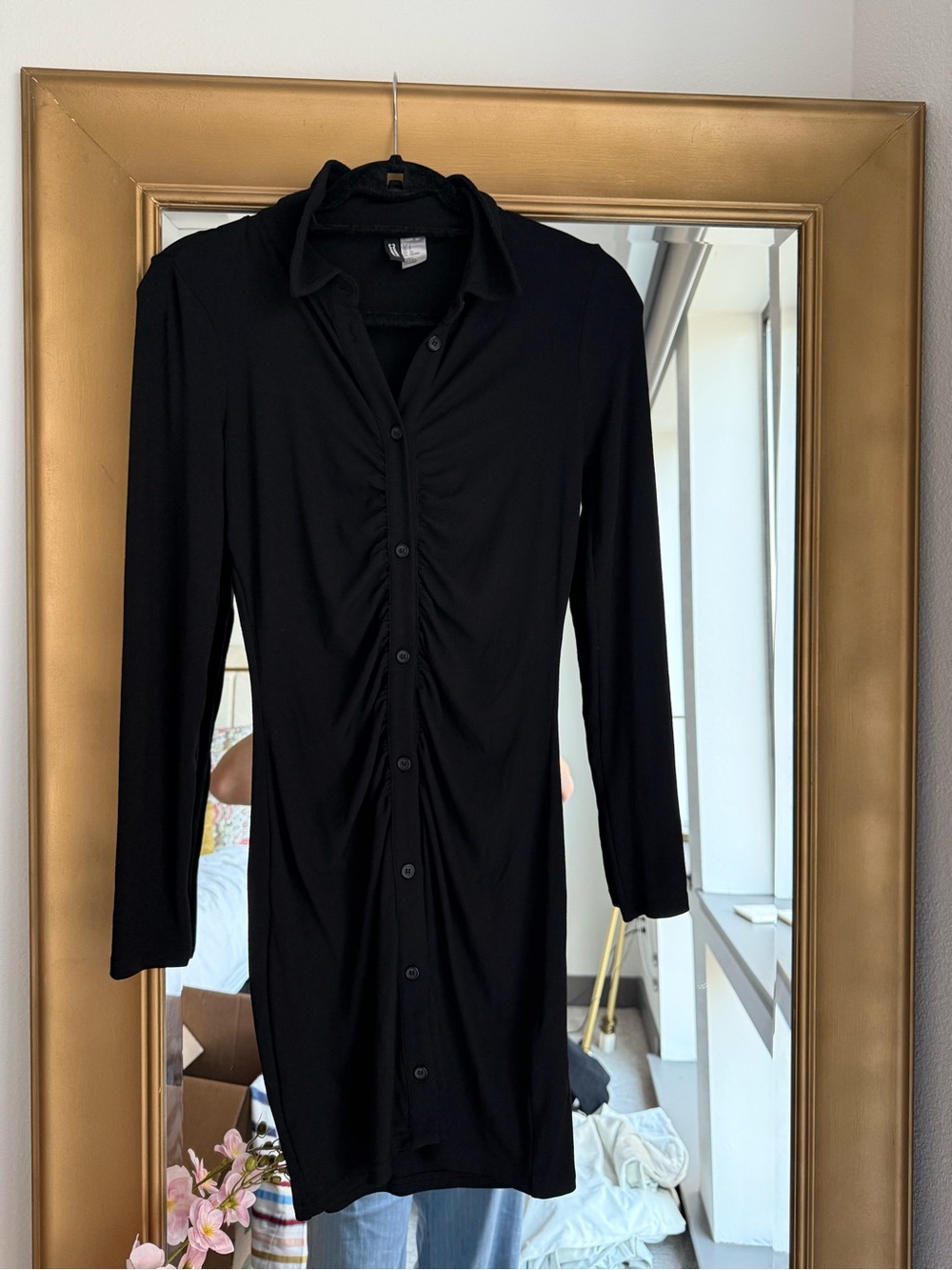Divided Black Button-Front Long Sleeve Shirt Dress